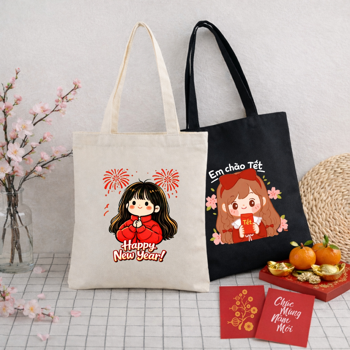 Túi Tote BST Bé gái Tết 2026 - Túi vải canvas có túi phụ và khoá kéo đựng vừa A4 và laptop (33x37cm) - TOTE34