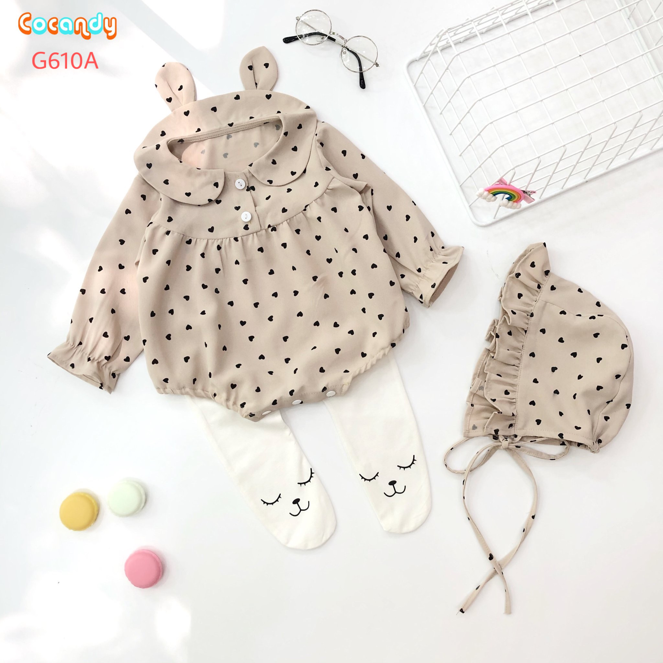 Bodysuit trái tim nhí tai thỏ kèm mũ