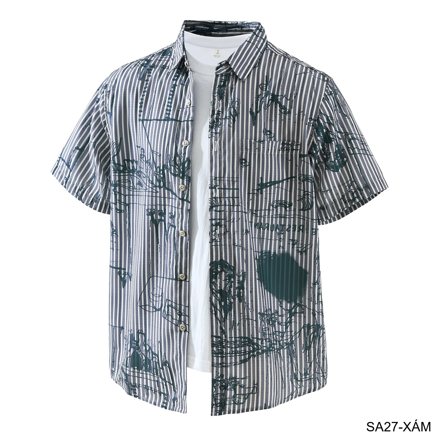 SA27 - Áo sơ mi nam ngắn tay họa tiết sọc và vẽ tay phong cách streetwear, chất liệu polyester mềm mại, form rộng thoải mái