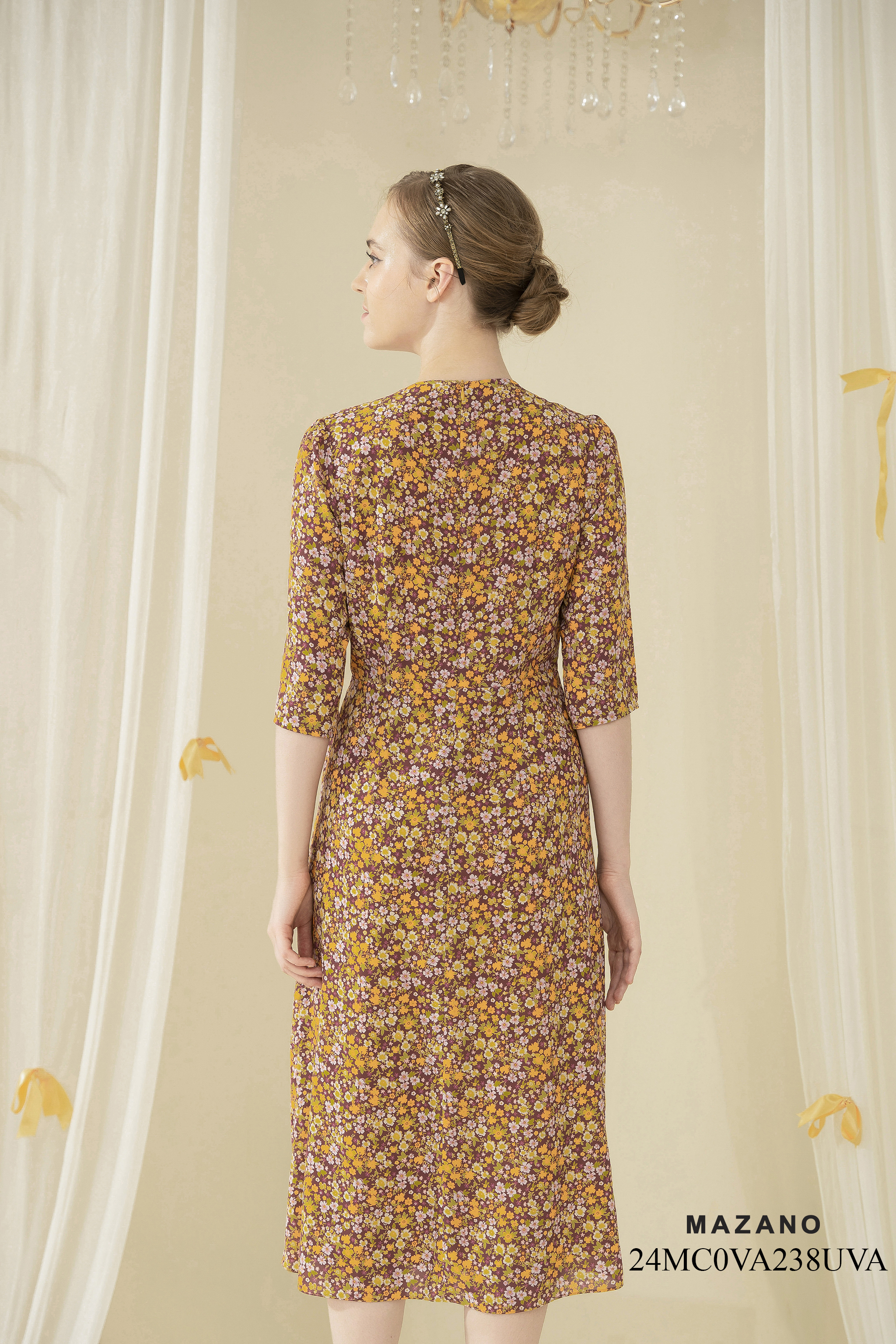 Váy Đầm Ôm Vải chiffon dày Hoạ tiết hoa nhí Cổ V Đính hoa thủ công Tay lỡ Dài đến bắp chân_thumbnail_4