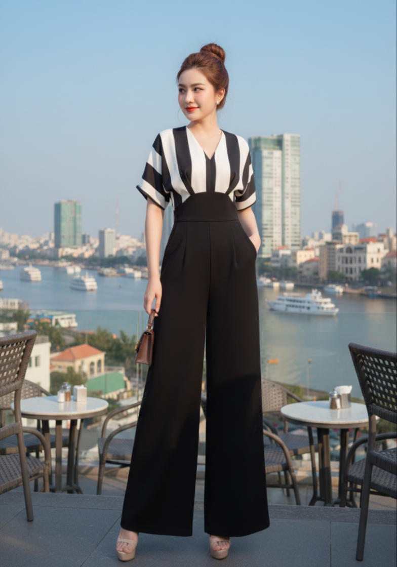 Jumpsuit dài ống rộng phối sọc sang chảnh