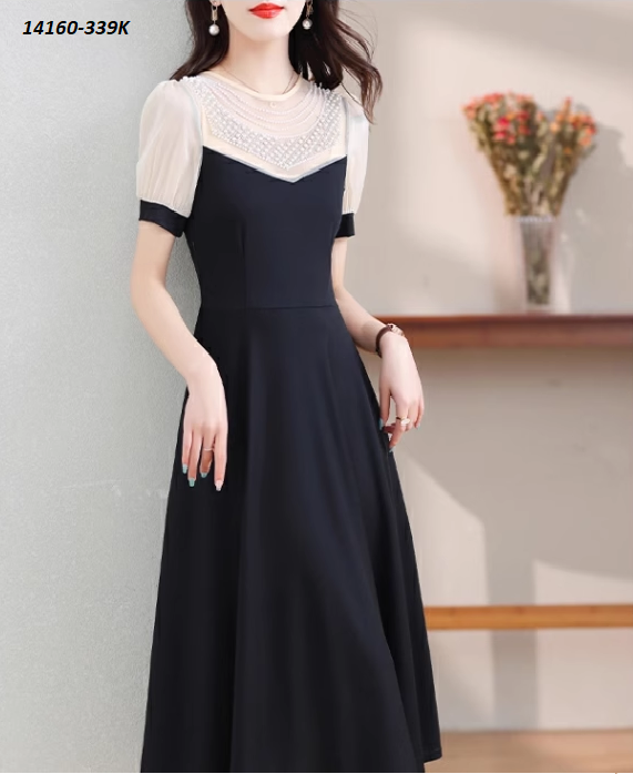 14160-Đầm xòe phối tay voan phồng kết hạt ngực cách điệu ( thun lụa, voan)FREESHIP_thumbnail_3