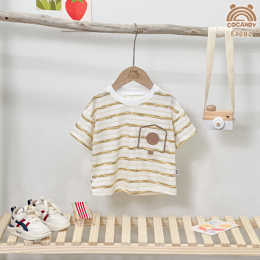 Áo cộc cotton kẻ VÀNG BE phối túi ngực hòm thư