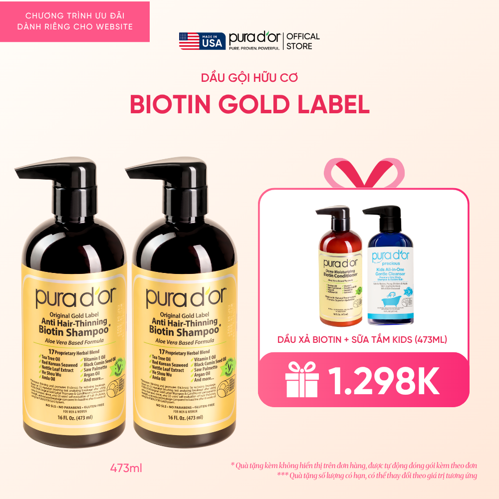 Set 2 Dầu Gội Biotin Pura D'or Original Gold Label Chăm Sóc Da Đầu, Giảm Rụng Tóc, Hỗ Trợ Mọc Tóc 473ml