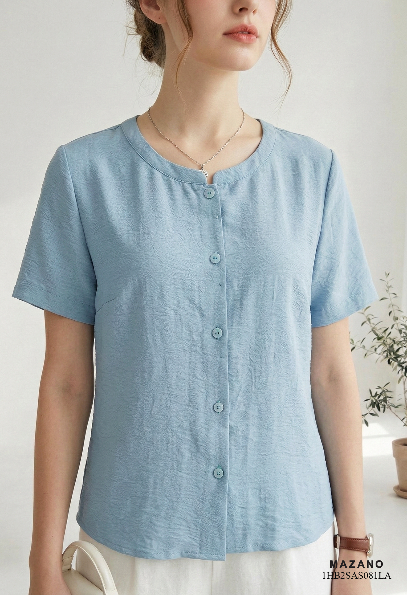 Áo sơ mi vải pha linen xanh ghi sáng dáng suông cổ tàu cách điệu thiết kế MAZANO_thumbnail_3