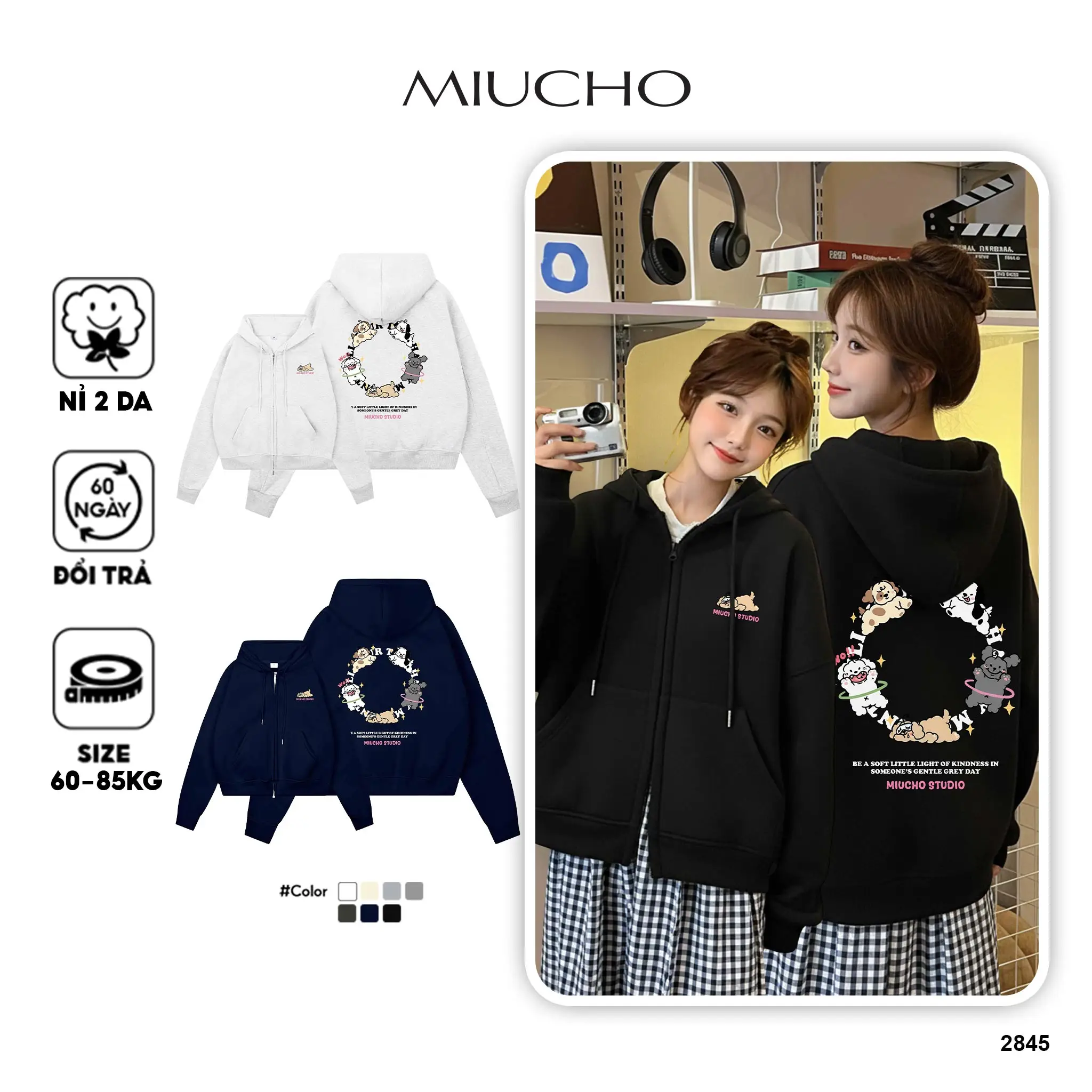 Áo hoodie zip boxy Miucho vải nỉ 2 da cao cấp dày dặn khóa kéo hình in dễ thương 2845