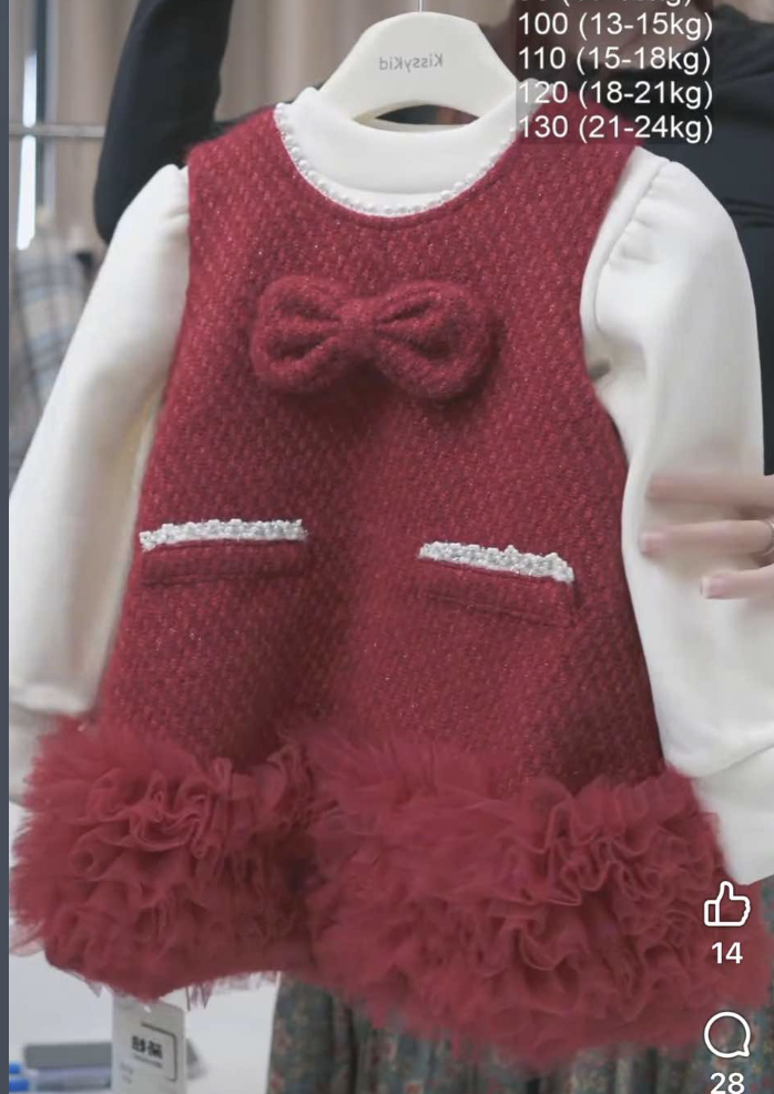 (V66) Váy dạ đỏ đính nơ viền voan kèm áo giữ nhiệt trắng_thumbnail_1