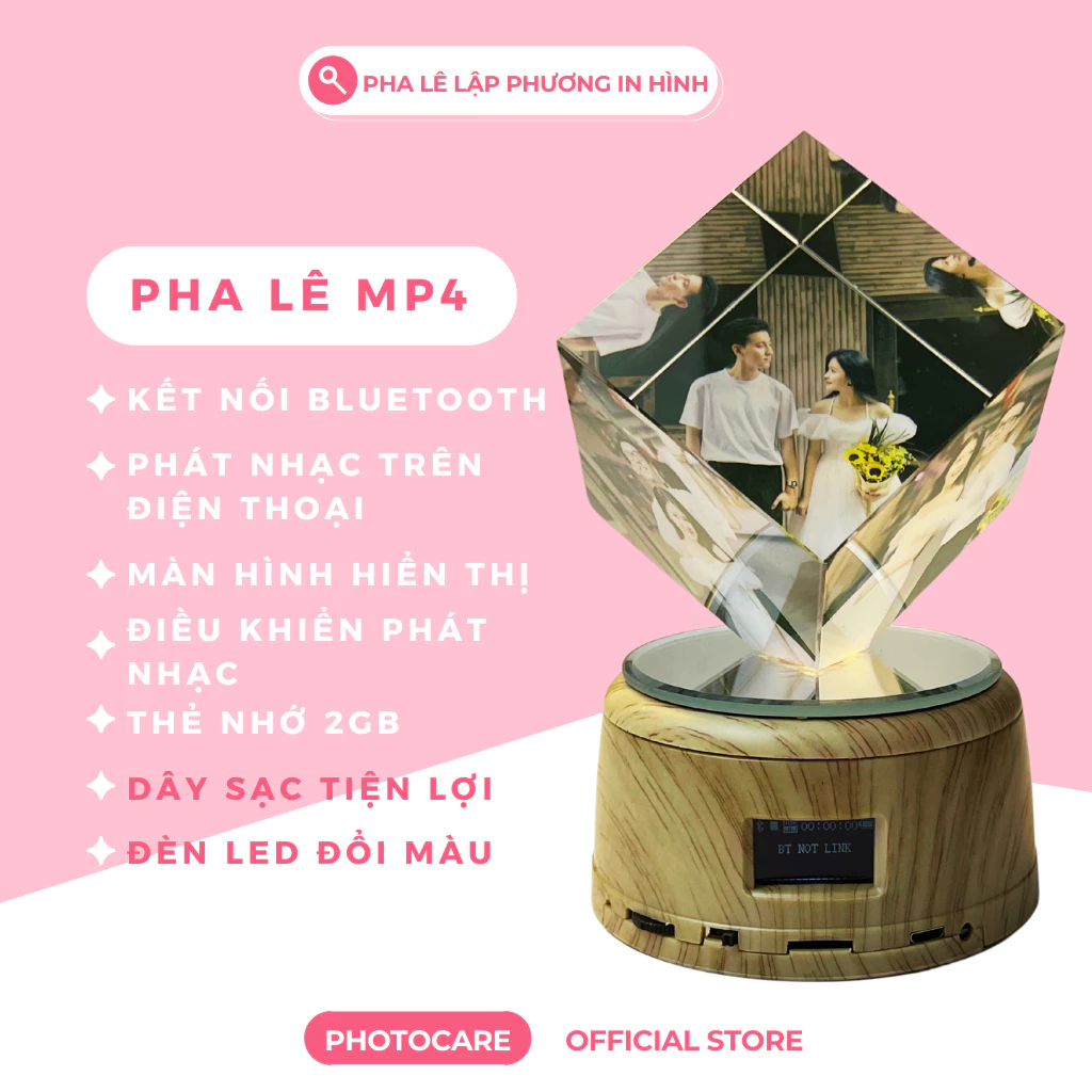 Pha Lê Lập Phương Đế Tự Xoay, Kết Nối Bluetooth Phát Nhạc - Pha Lê In Hình Theo Yêu Cầu - Đế Dùng Cả Pin Và Điện Sạc
