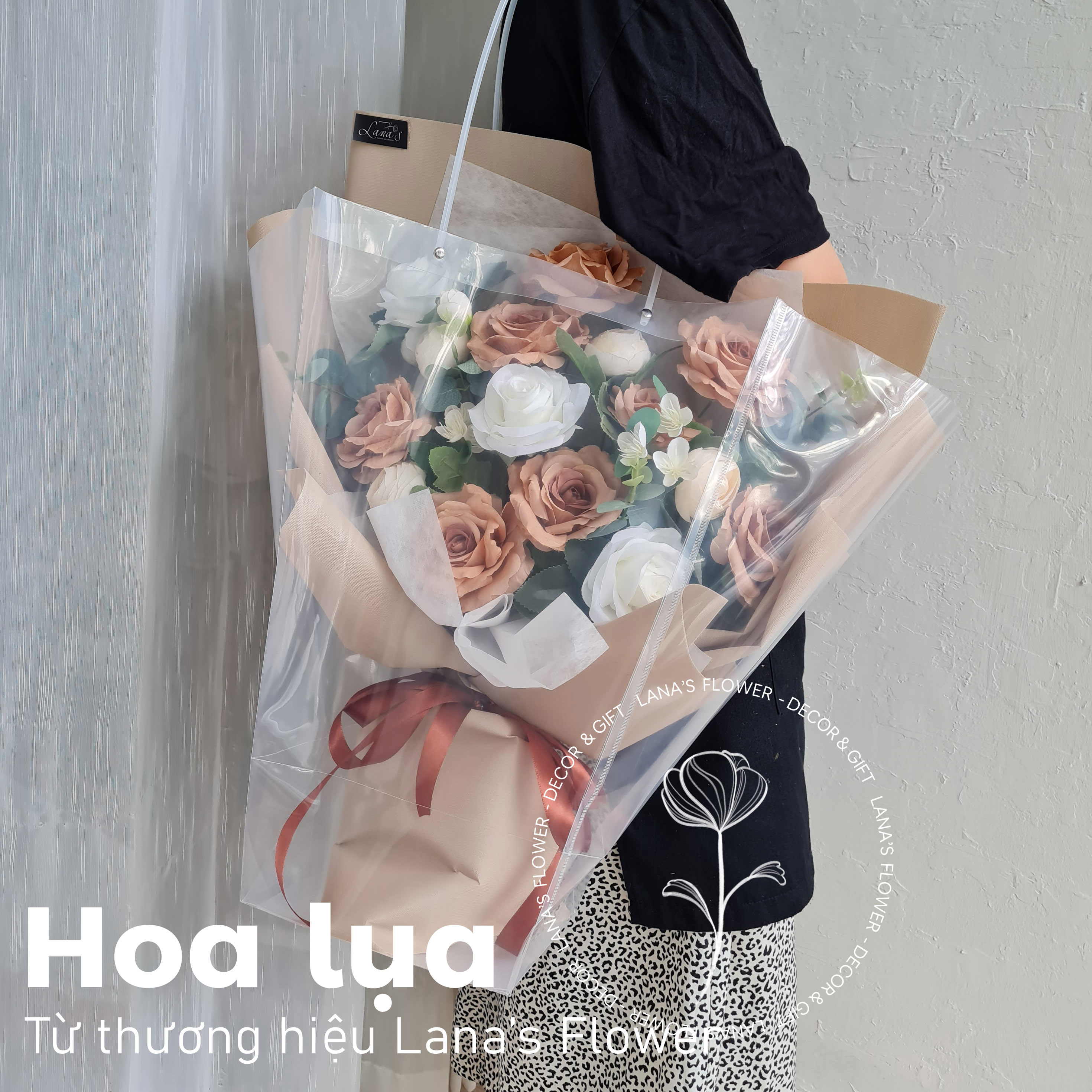 Bó hoa lụa Size L - Tone nâu cafe (tặng kèm túi)