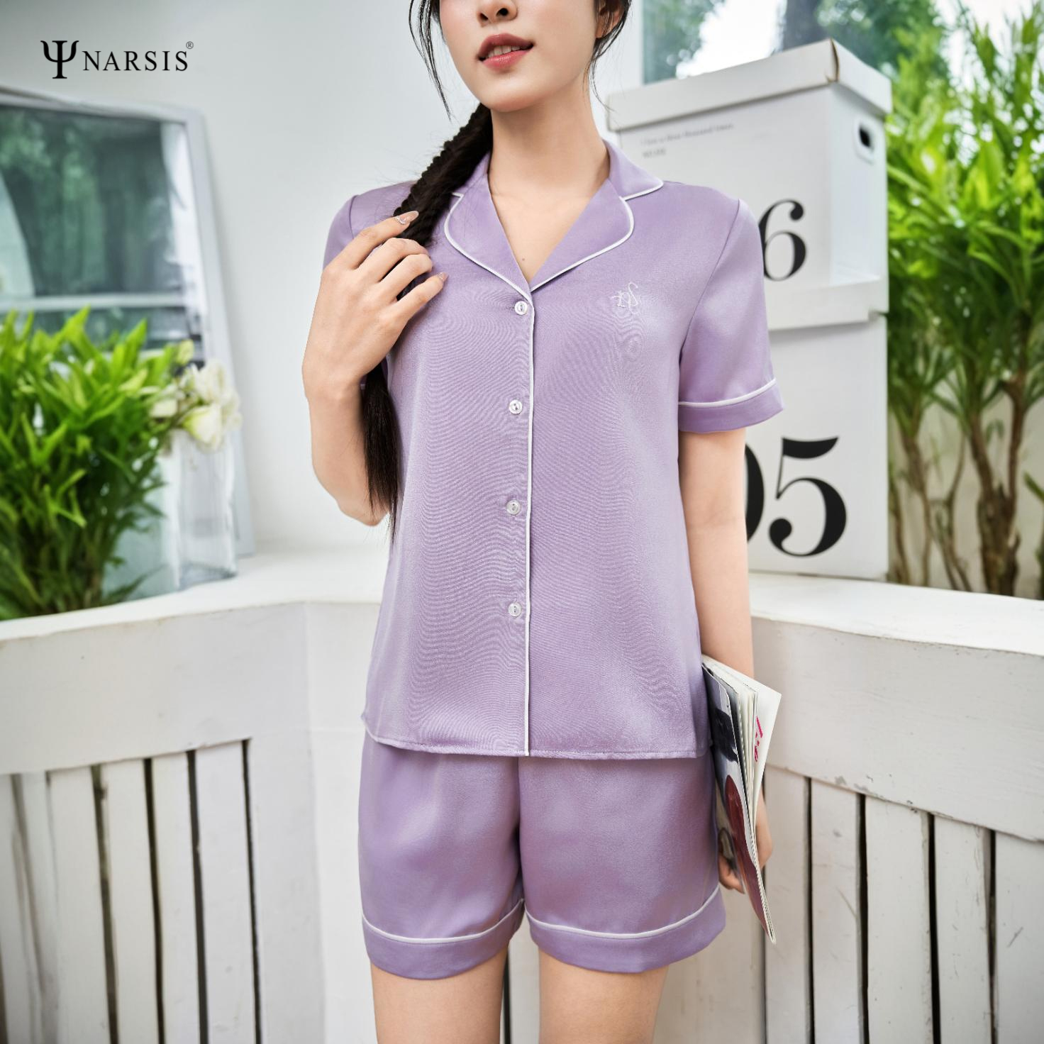 Bộ Đồ Ngủ Pijama Lụa Ngọc Trai Narsis M250047, Áo Tay Ngắn, Quần Cộc, Thanh Lịch, Mềm Mịn, Mùa Thu_thumbnail_4