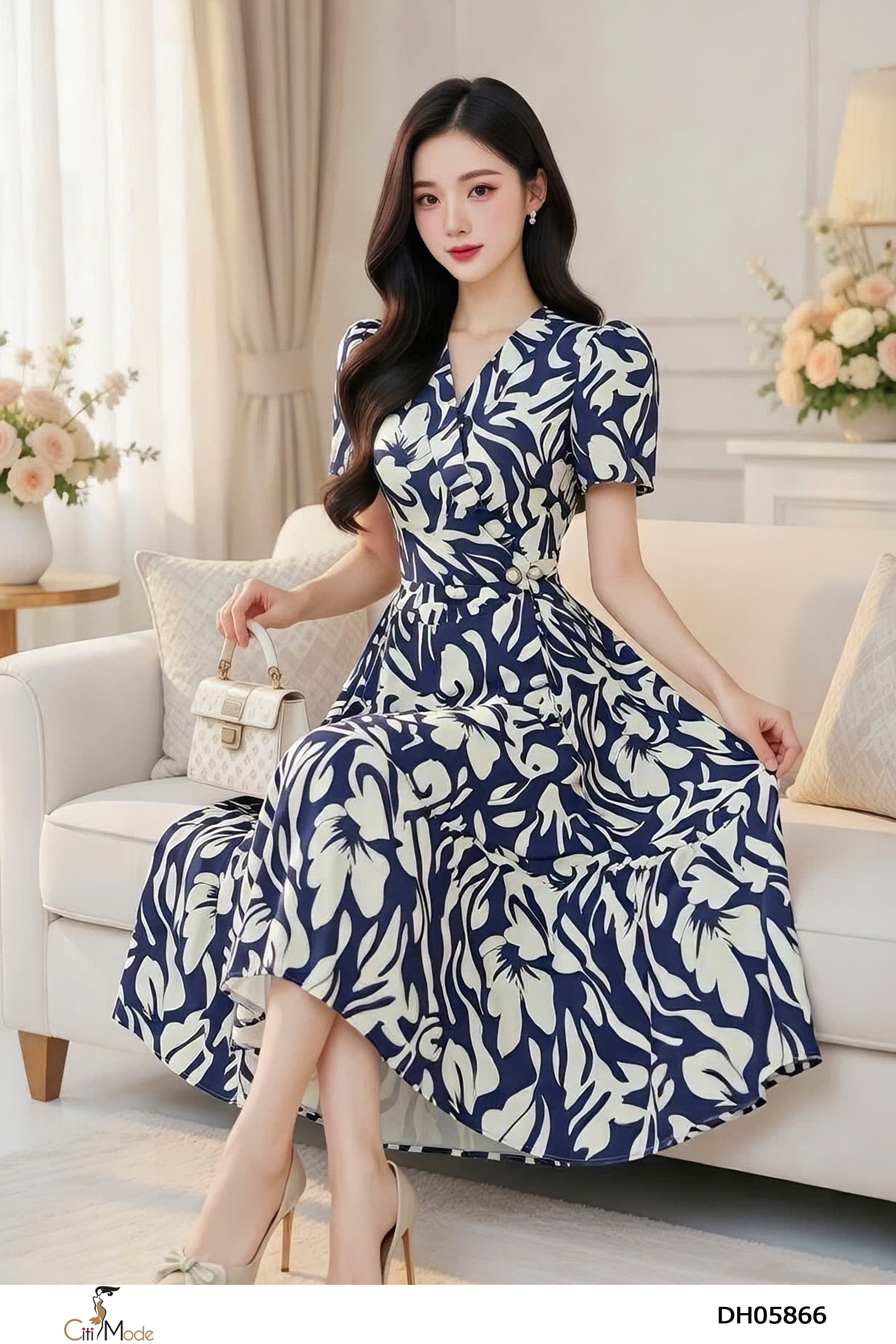 Đầm xòe hoa tím than nổi cổ sam nhún eo tay cọc