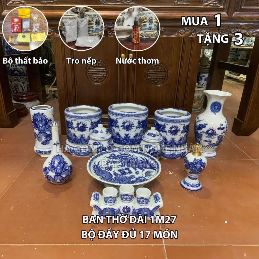 HG339 Đồ Thờ Cúng Bộ 17 món ban thờ 1M27 men lam nghệ nhân Bát Tràng chế tác TẶNG Thất Bảo, Tro Nếp