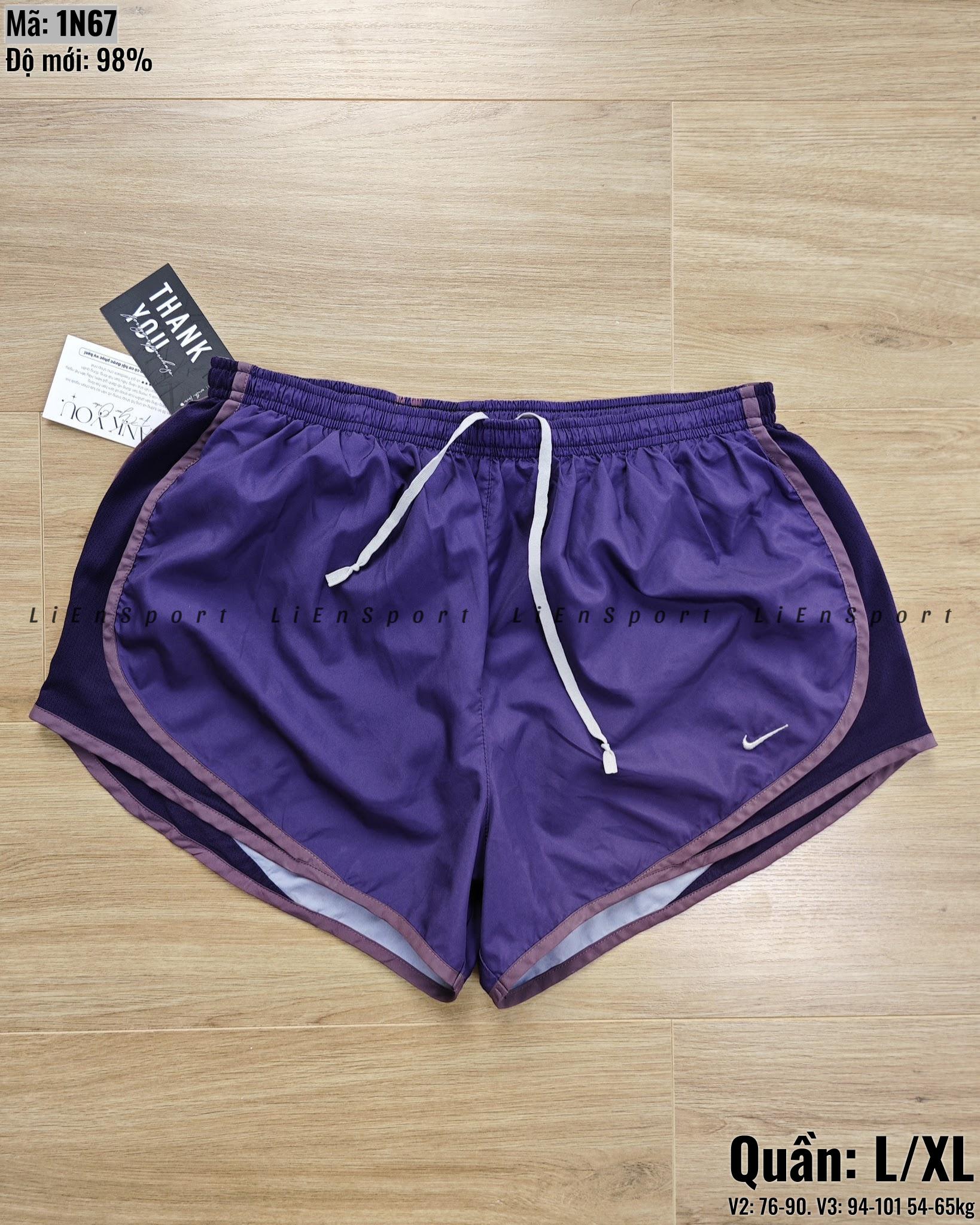 Nike Quần short tập gym nữ form rộng Size L XL Màu tím Auth 2nd Phối lưới tím đậm Viền tím nhạt Vải dù thoáng khí Dây rút trắng Logo thêu Phù hợp yoga chạy bộ Mã:1N67