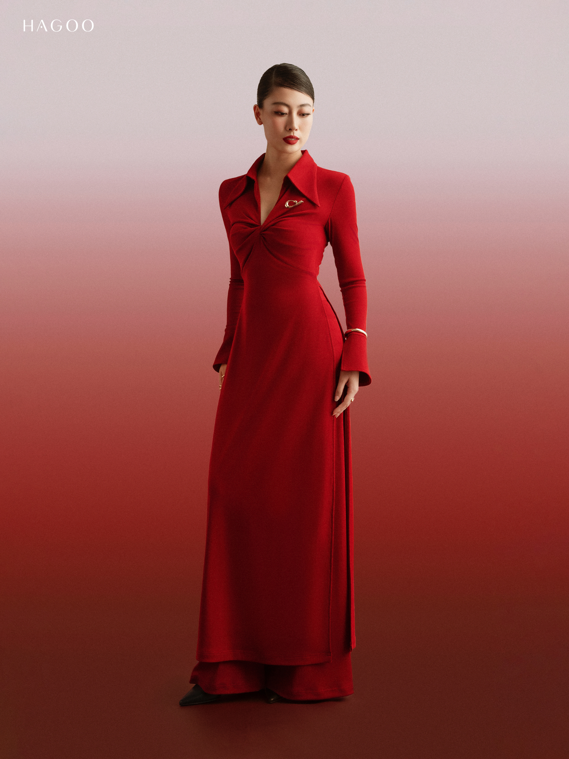 Set áo dài xoắn ngực cổ đức HAGOO