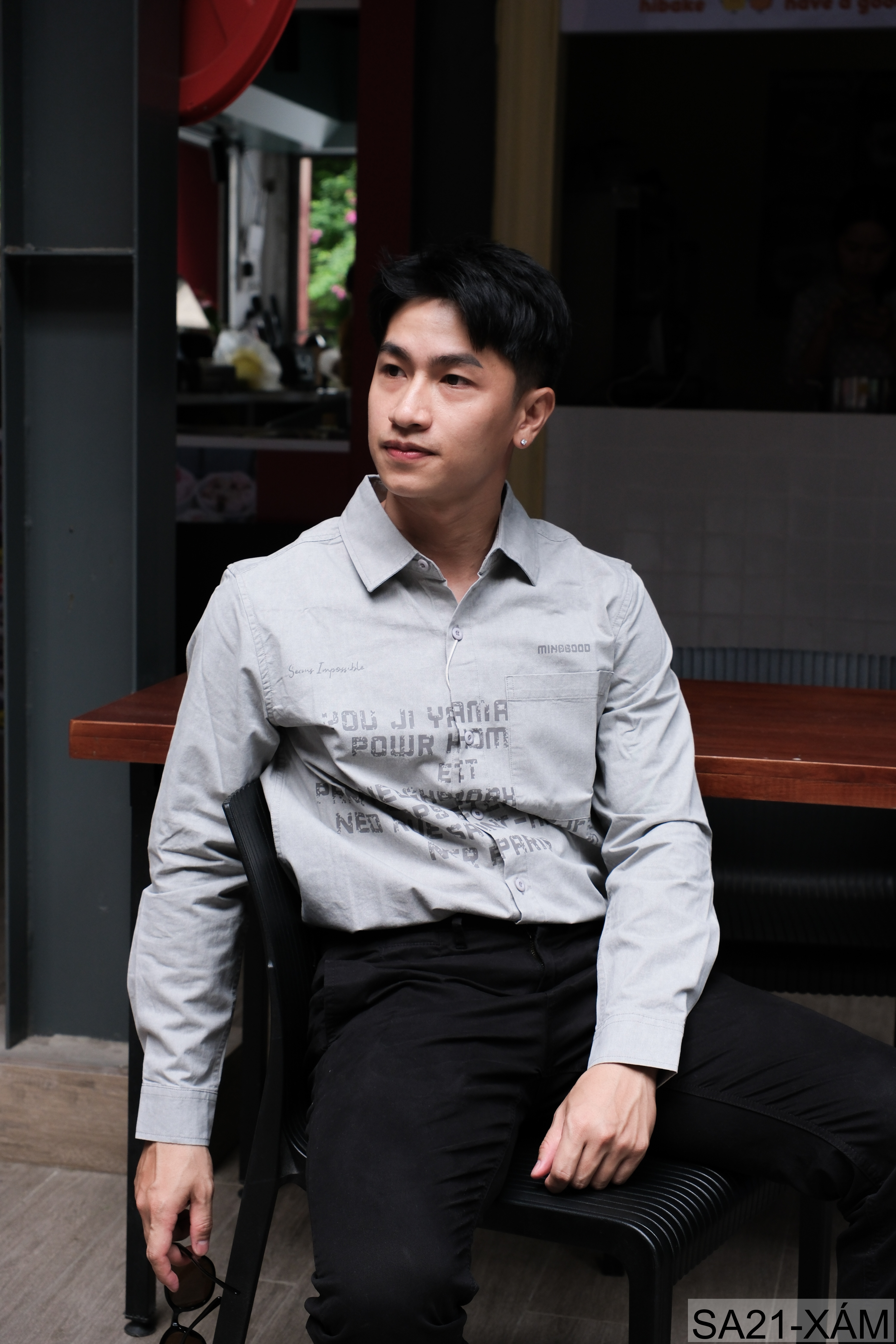 SA21 - Áo sơ mi nam dáng rộng phong cách Nhật Bản, cổ bẻ, tay dài, họa tiết chữ, chất cotton mềm mại