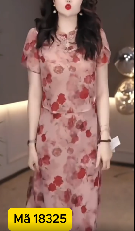 18325-Đầm suông liền cổ tàu kết nút in hoa hồng 5D ( voan,lót)