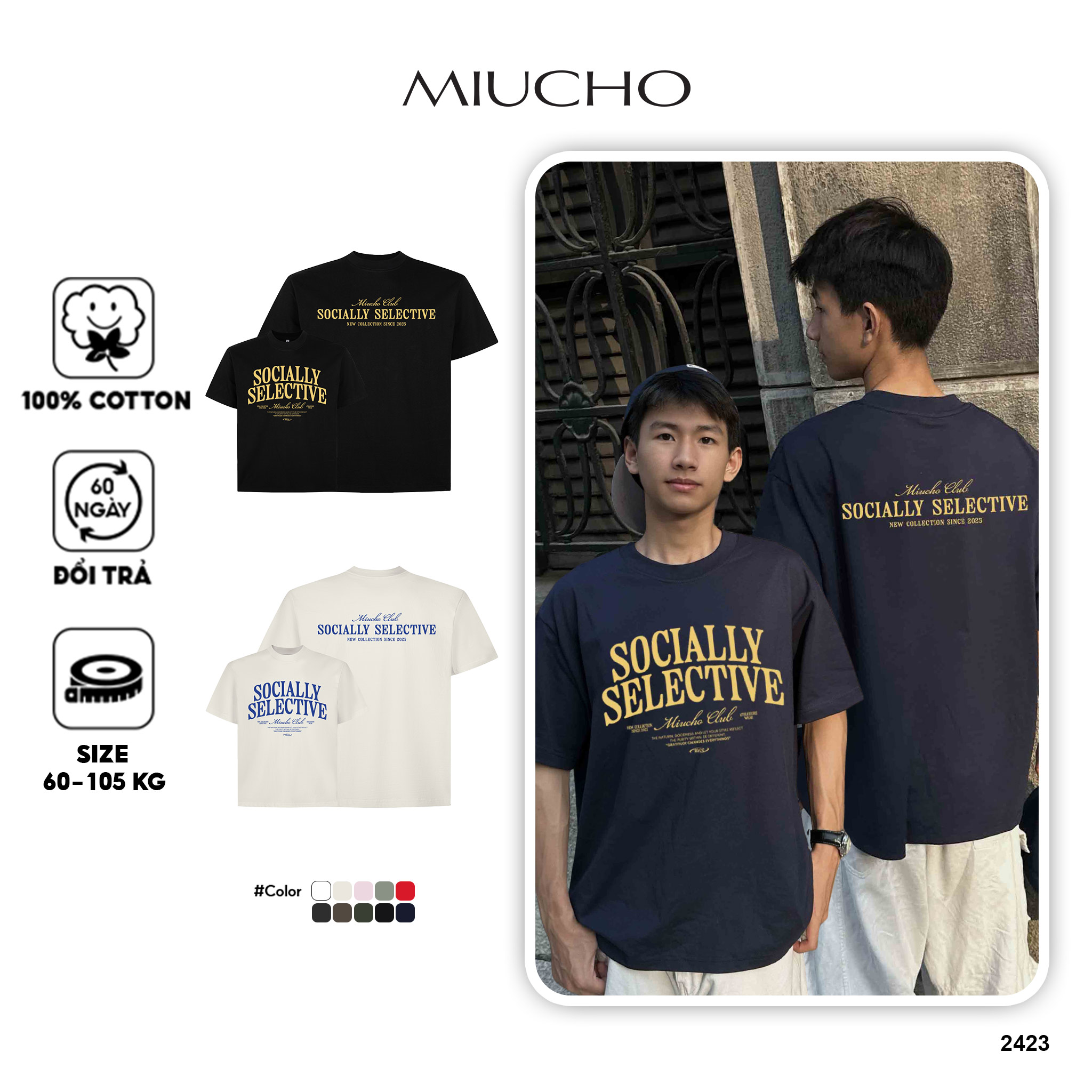 Áo thun nam form boxy cổ tròn AXD2423 Miucho Club vải cotton thoáng mát in typography