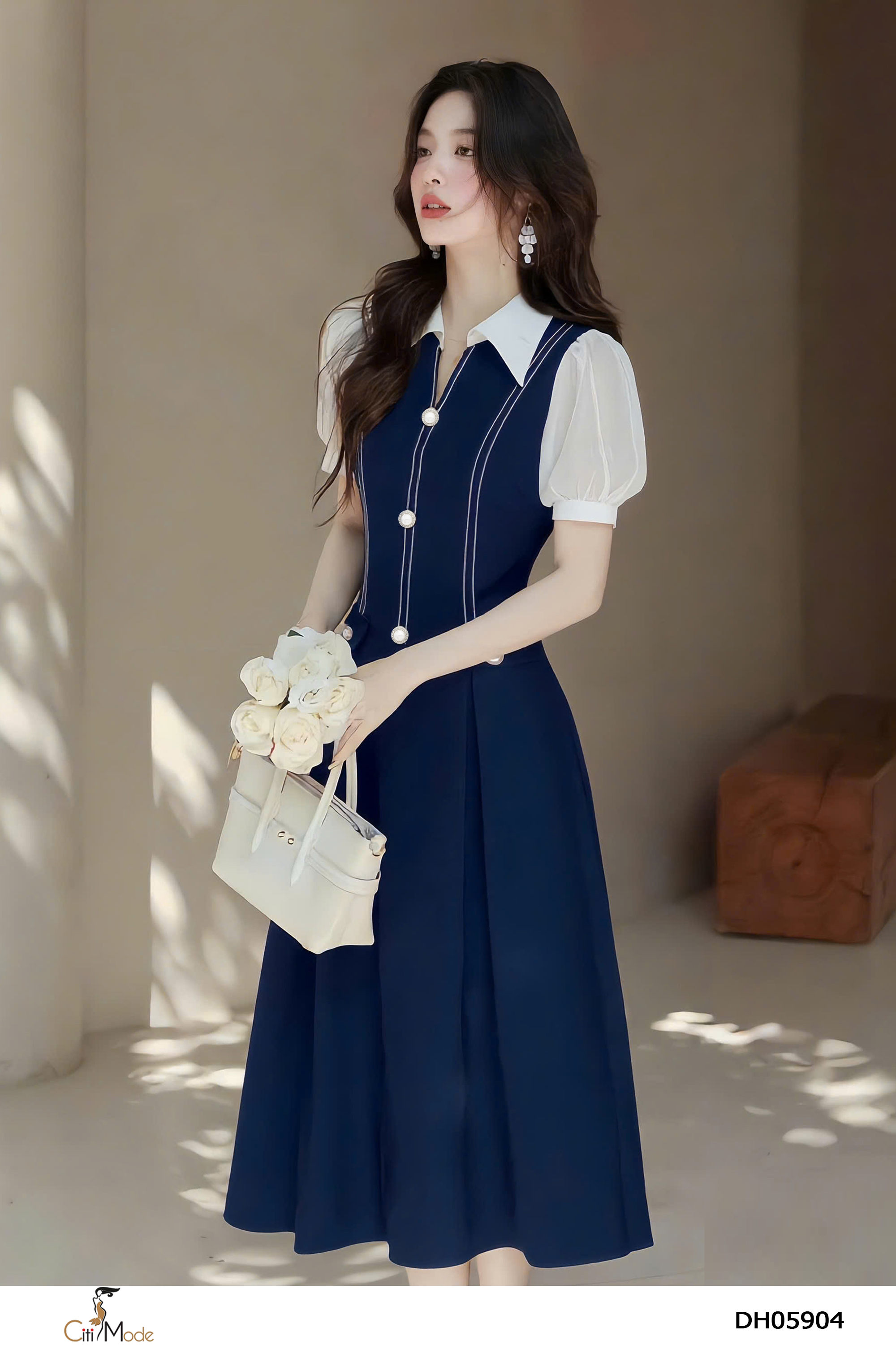 Đầm xòe tím than cổ đức tay phối trắng_thumbnail_2