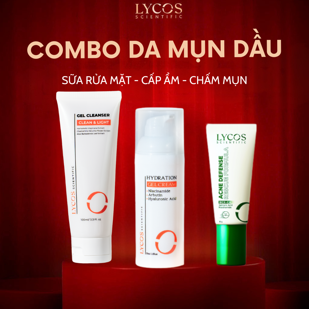 Combo Chăm Sóc Da Mụn Dầu Lycos – Sữa Rửa Mặt 100g + Gel Chấm Mụn 10g + Kem Dưỡng Cấp Ẩm 30g