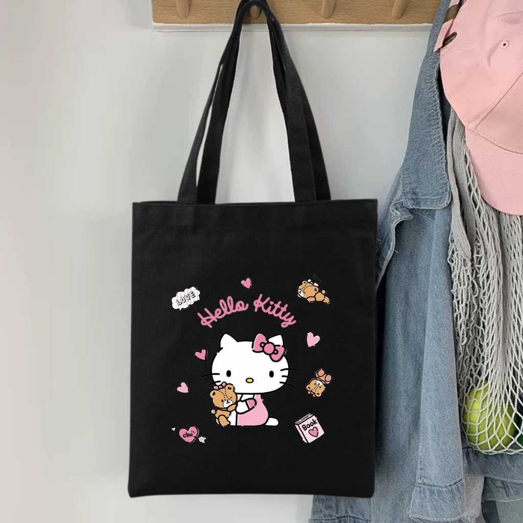 Túi tote vải canvas đeo vai hình HELLO KITTY dễ thương, có khóa kéo và ngăn phụ - WTU03