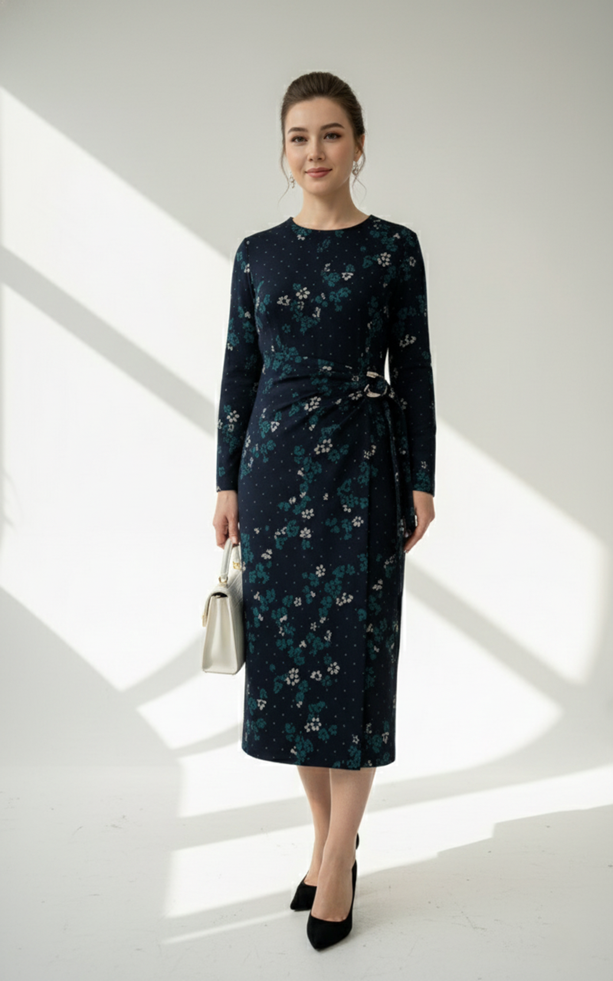 Váy đầm ôm Vải len Họa tiết hoa cách điệu Cổ tròn  Tay  dài Dài đến bắp chân_thumbnail_4