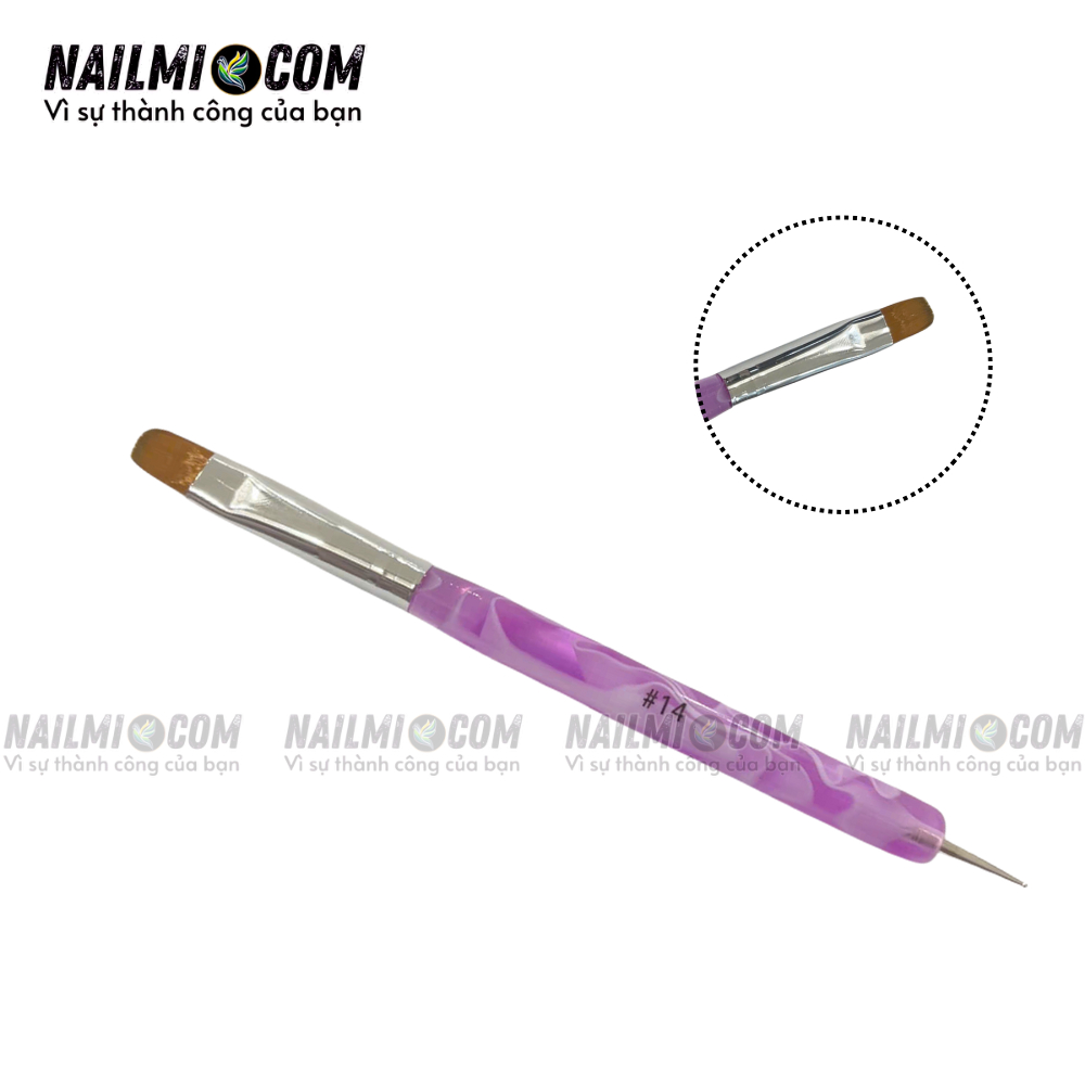 Cọ đắp gel - cọ fen - 2 đầu bản tròn & chấm bi - #14 - cán nhựa