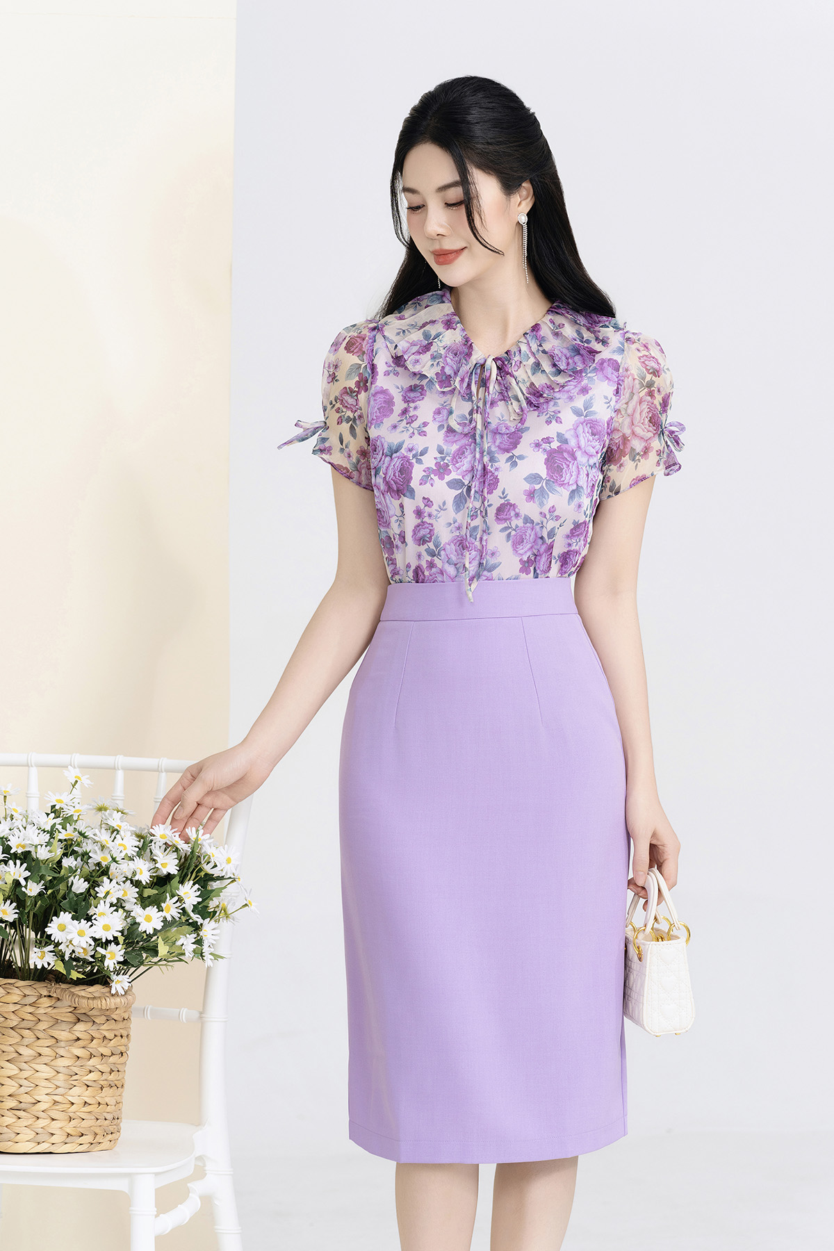 Áo sơ mi hoa tím nữ cổ xếp ly tay ngắn A3051