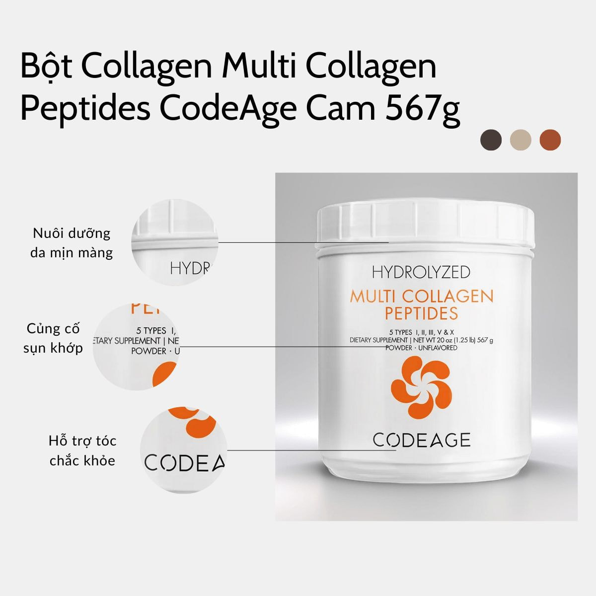 Thành phần Bột Collagen Multi Collagen Peptides CodeAge Cam 567g – Làm Đẹp Da & Tăng Cường Sức Khỏe Toàn Diện