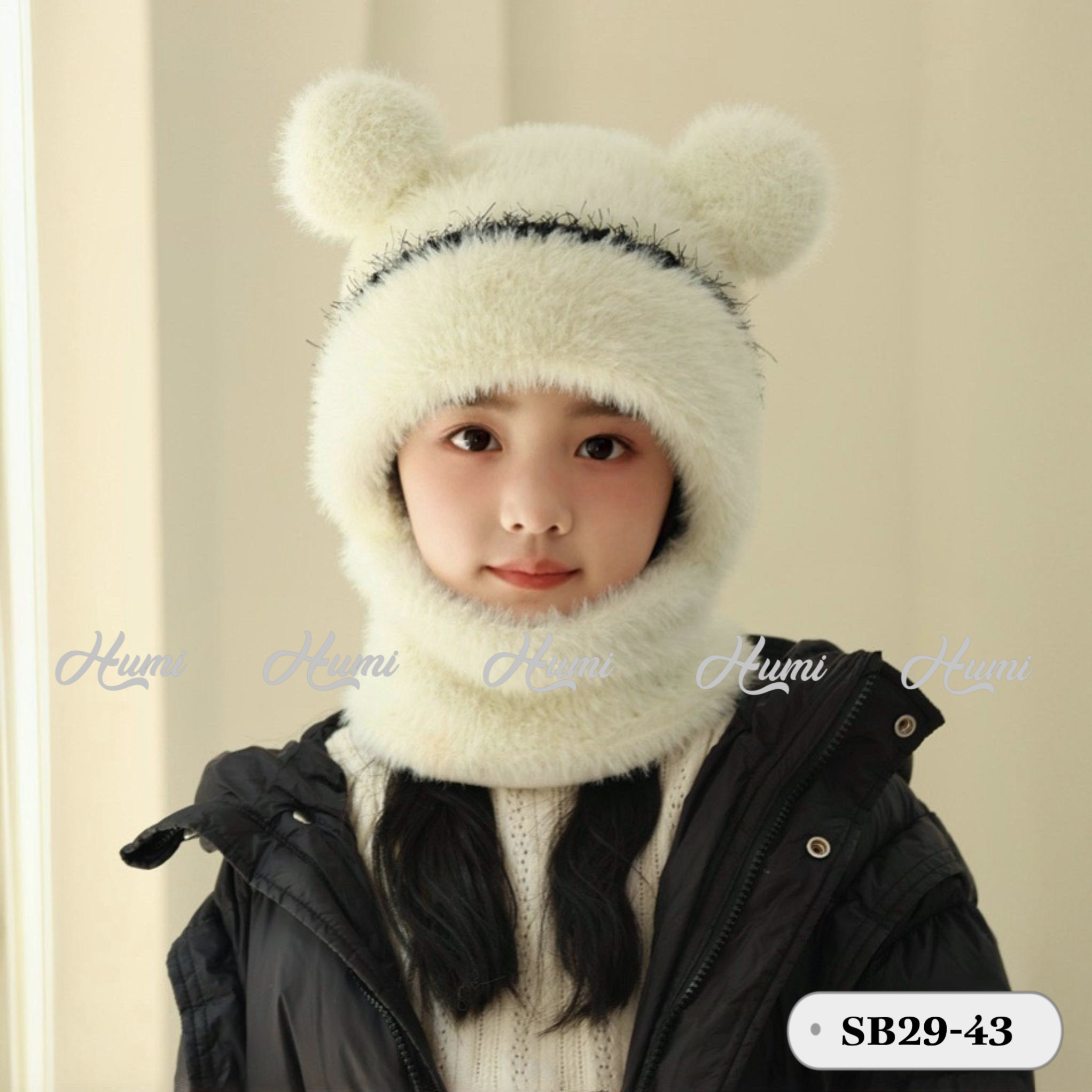 MŨ LÔNG LIỀN KHĂN TAI GẤU TRẺ EM (SB29-43 TRẮNG)