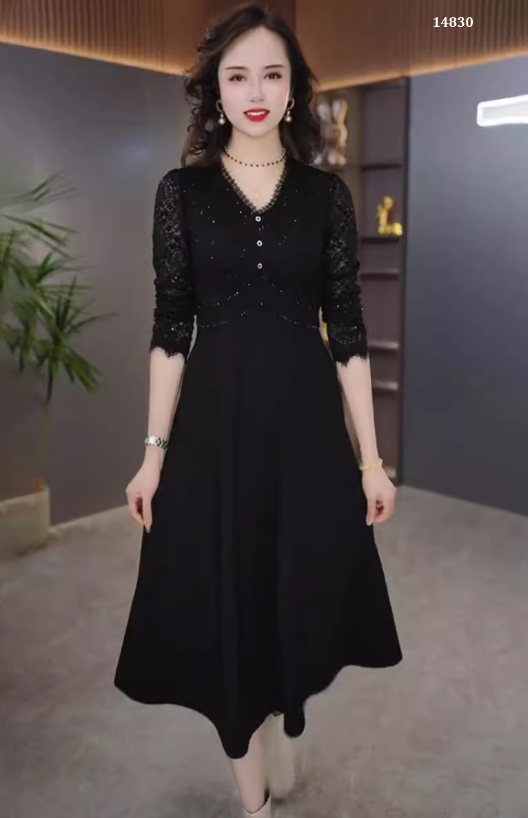 14830-Đầm xòe đen phối ren tay lở  ( thun mịn, ren)_thumbnail_0