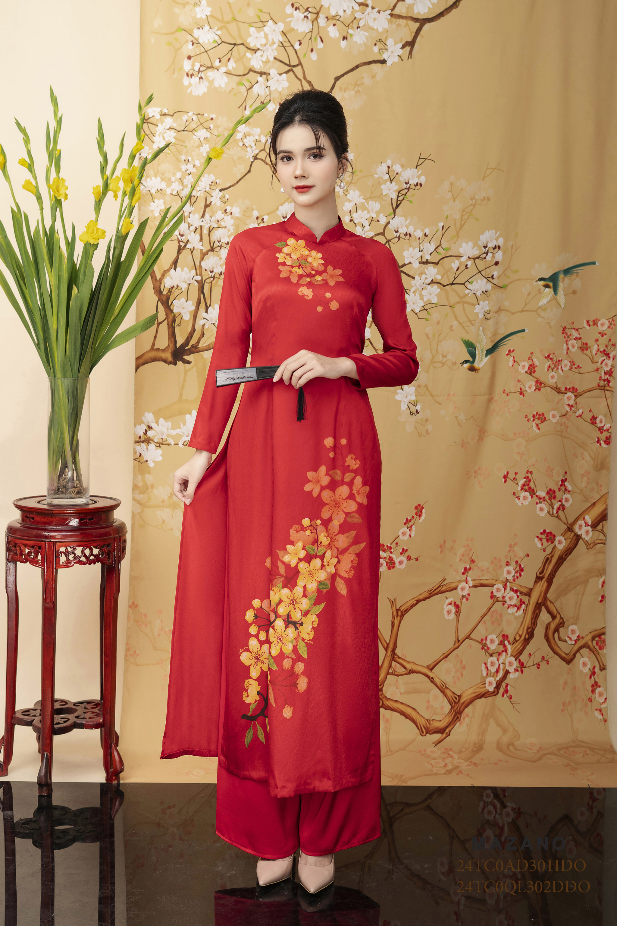 Quần  áo dài suông Cạp cao Vải Lụa Dài qua mắt cá chân-đi kèm mã áo mã AD301IDO