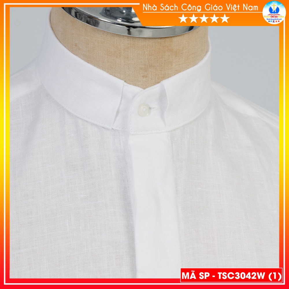 Áo Sơ Mi cổ côn linh mục ngắn tay cotton màu trắng TSC3042W - Quà tặng  Lễ quan thầy, truyền chức, sinh nhật cha xứ_thumbnail_2