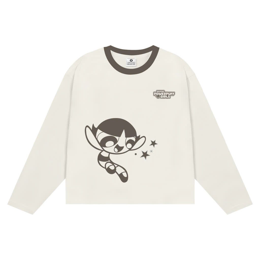 Áo thun boxy tay dài Miucho chất vải thoáng mát giữ form Powerpuff Girl phối cổ mix màu cacao 2814