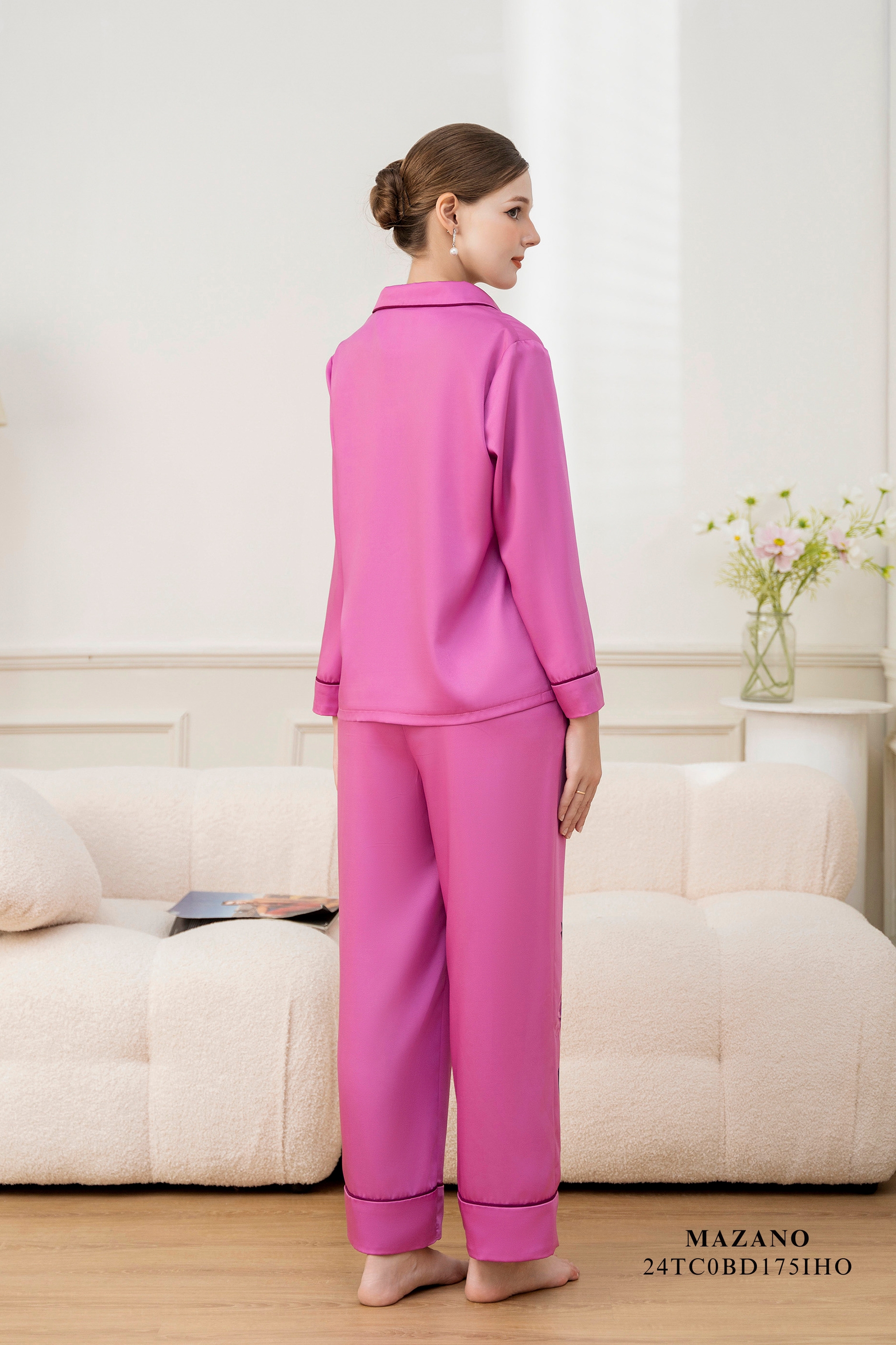 Bộ mặc nhà Vải lụa dày Hoạ tiết hoa hồng cách điệu Cổ bẻ Tay dài Dài đến đến mắt cá chân_thumbnail_4