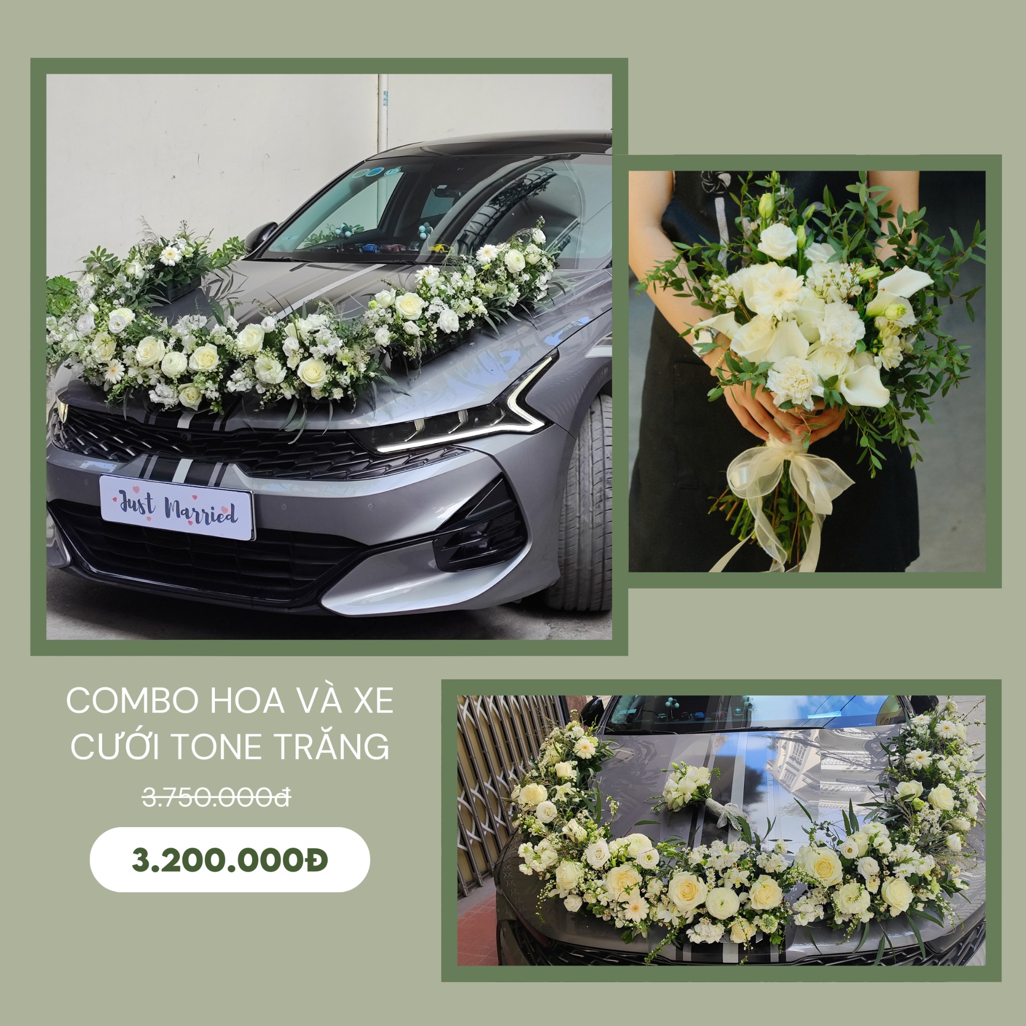 Combo hoa và xe cưới tone trắng
