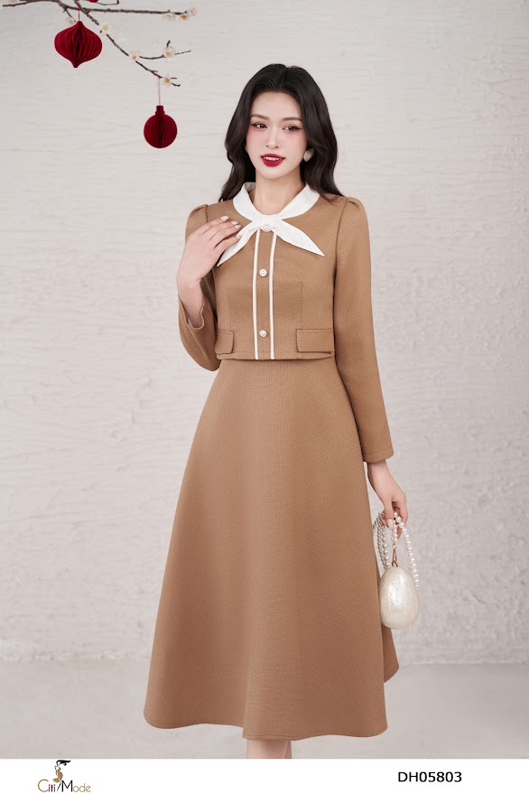 Đầm xòe dạ gạo nâu phối cổ trắng tay dài_thumbnail_2