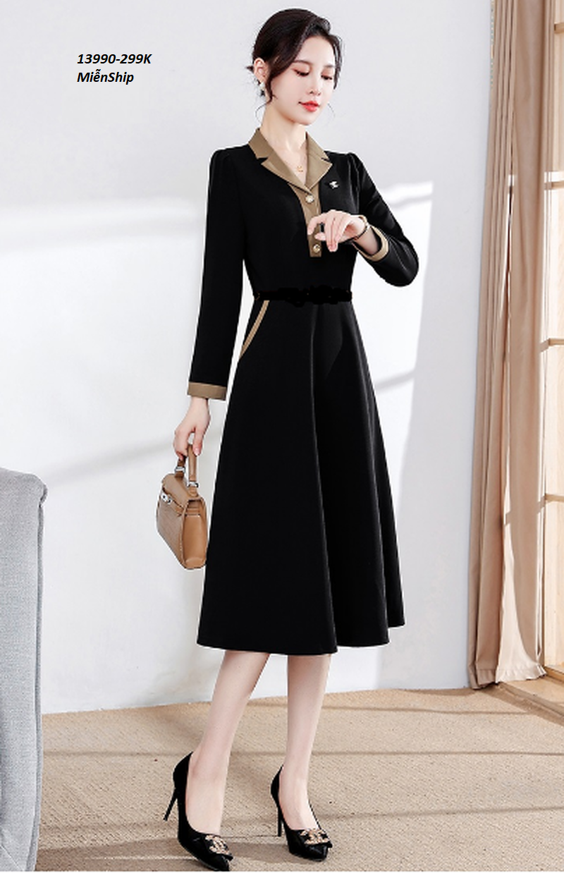13990-Đầm xòe A cổ bẻ kết nút viền nâu_thumbnail_2