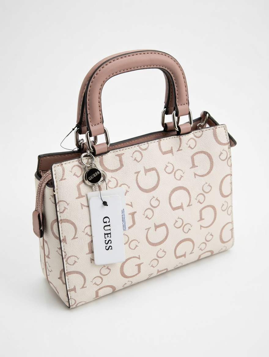 Túi Xách Nữ GUESS Họa Tiết Logo – Phối Hồng Nude Thanh Lịch, Form Cứng Cao Cấp