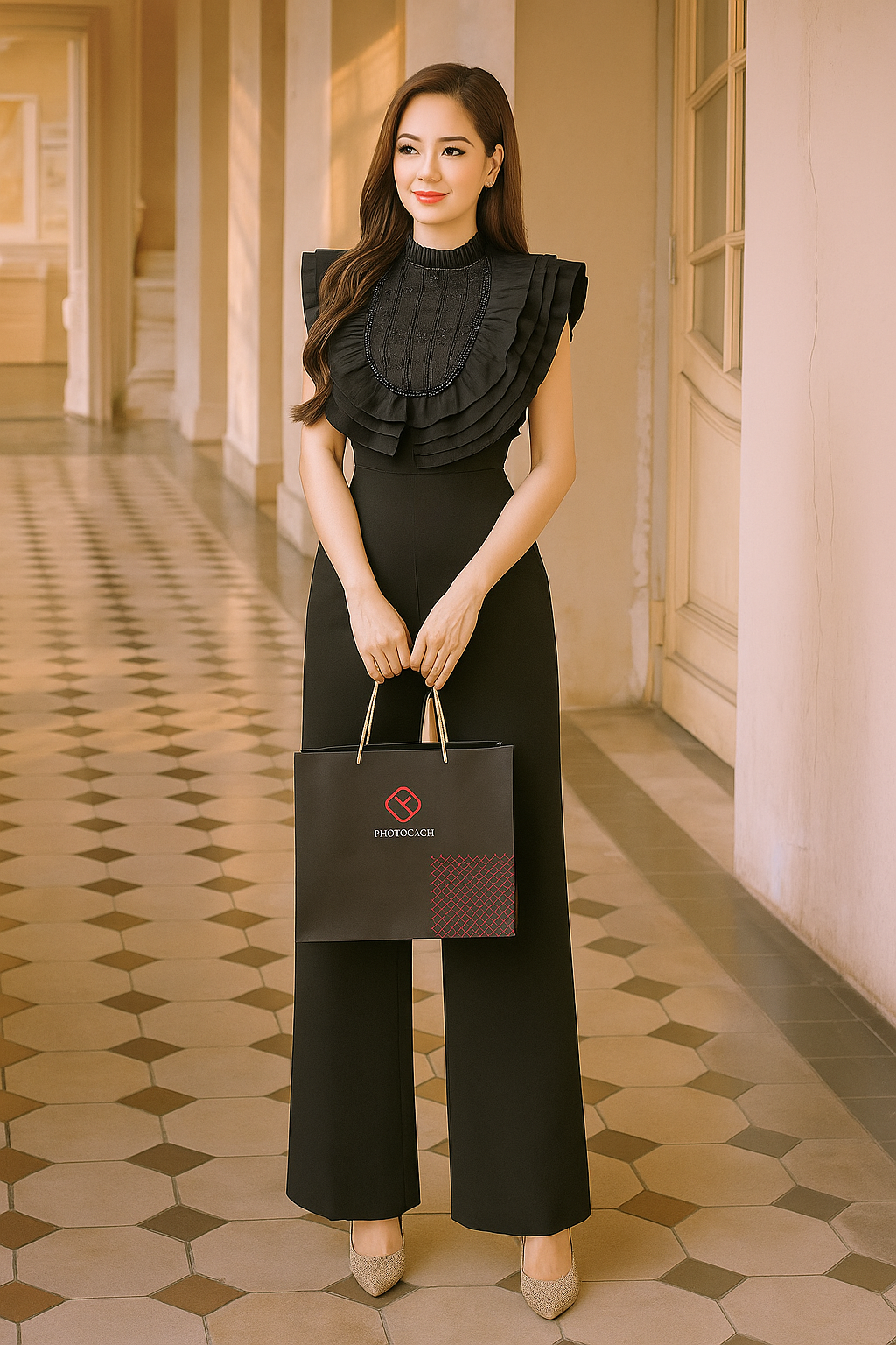 Jumpsuit dài phối đá ngực viền bèo sang trọng