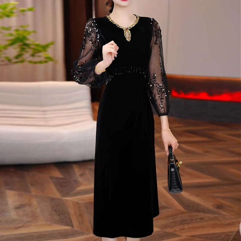 16718-Đầm suông đen  phối tay voan kim sa co giãn ( thun nhật)_thumbnail_0