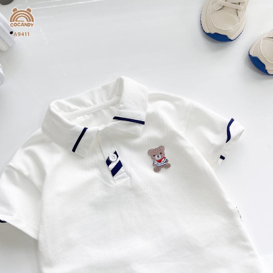 Áo cộc TRẮNG polo viền cổ xanh than thêu gấu_thumbnail_3