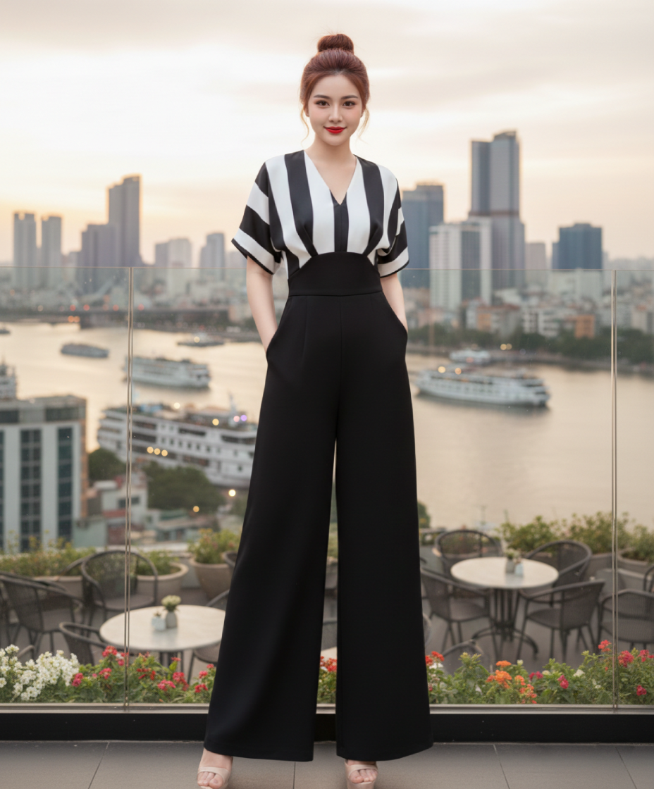 Jumpsuit dài ống rộng phối sọc sang chảnh