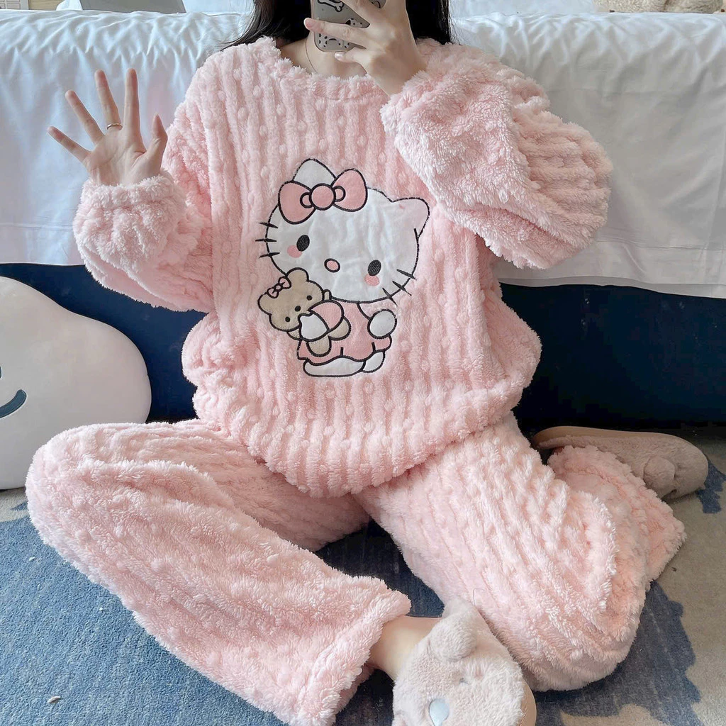 Bộ Đồ Lông Giữ Nhiệt, Bộ Ngủ Lông Hello Kitty