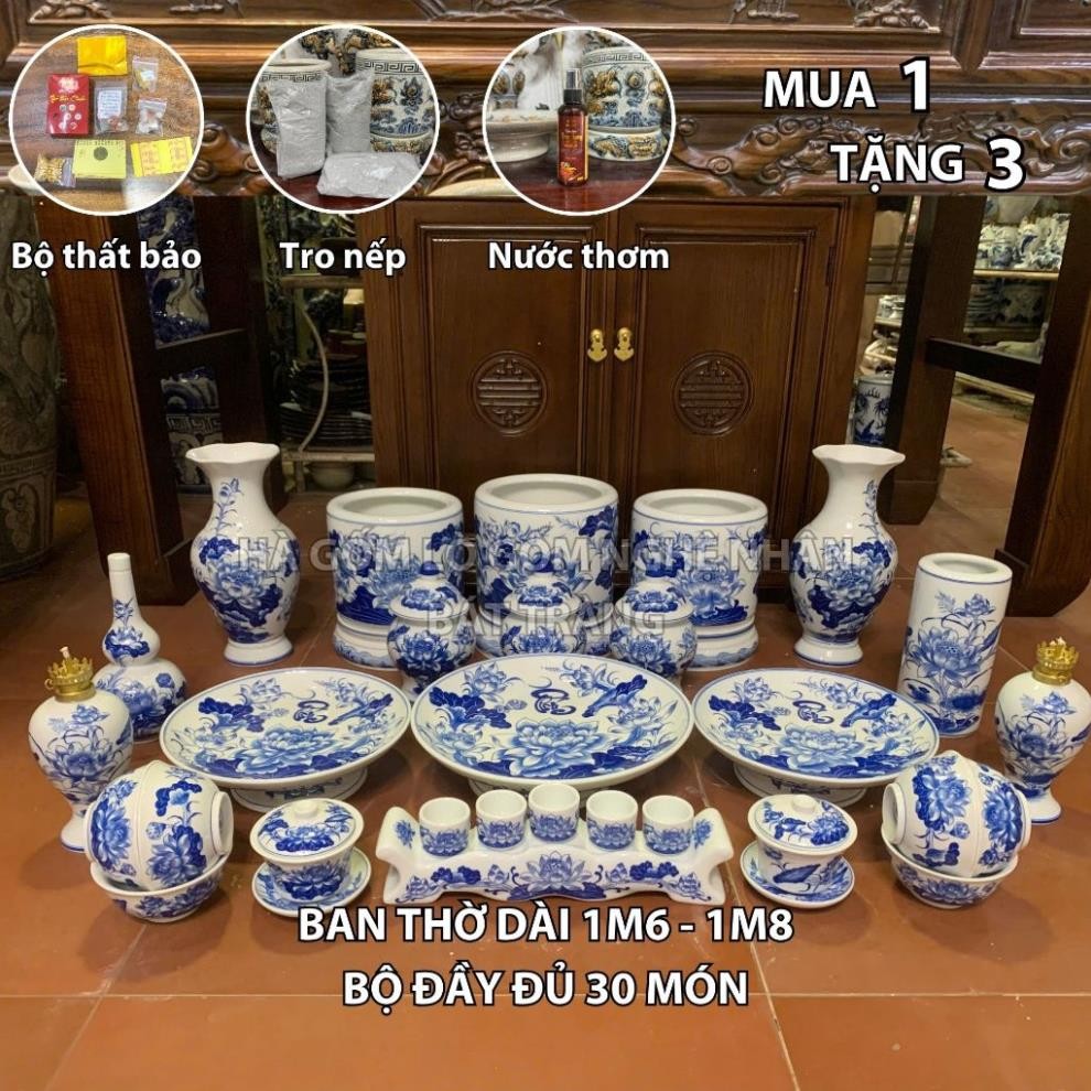 HG268 Đồ Thờ Cúng Bộ 30 món ban thờ 1M6 - 1M8 men trắng nghệ nhân Bát Tràng chế tác TẶNG Thất Bảo, Tro Nếp