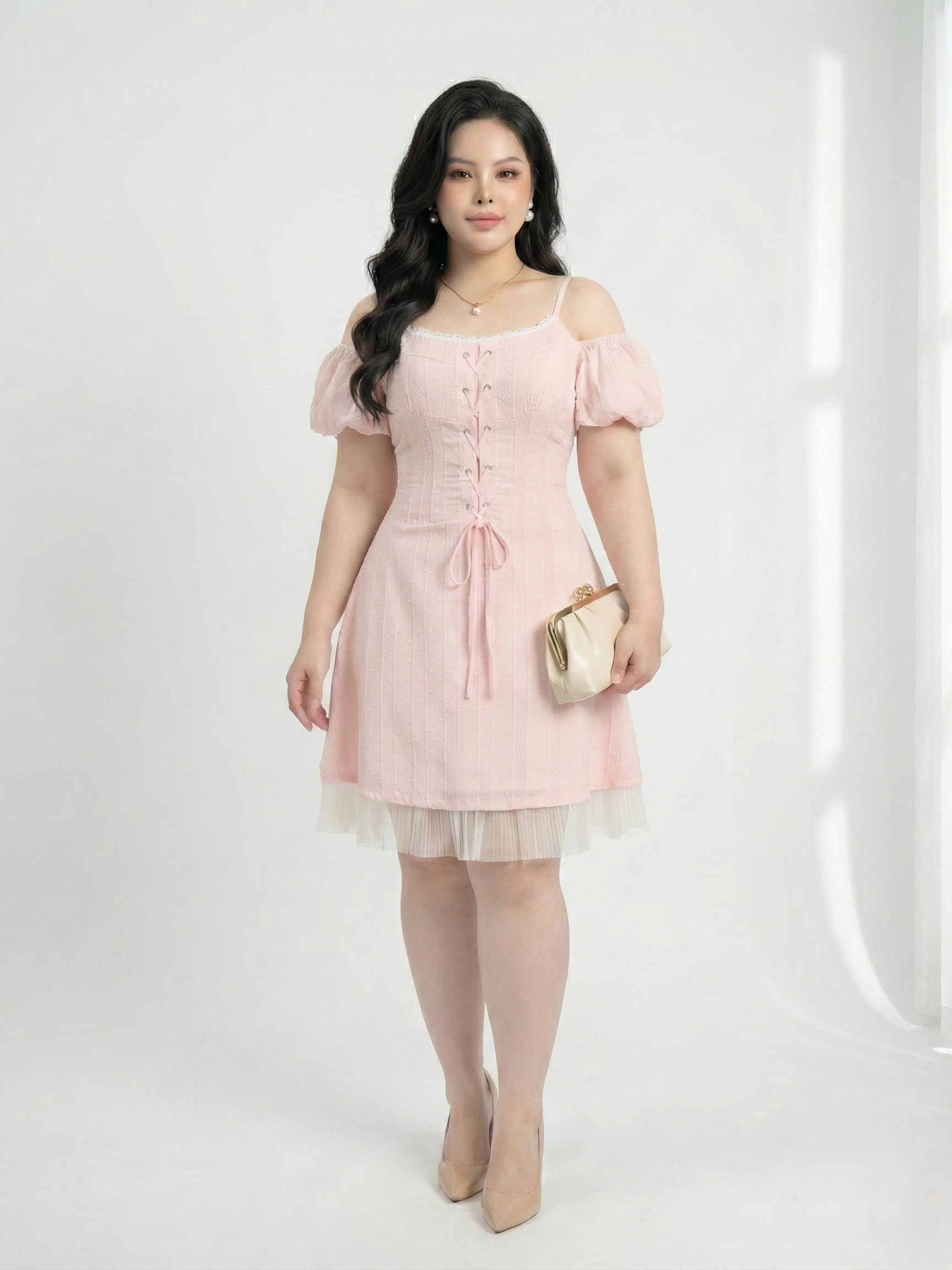 BIGSIZE- Đầm kiểu phối dập ly V-DA185