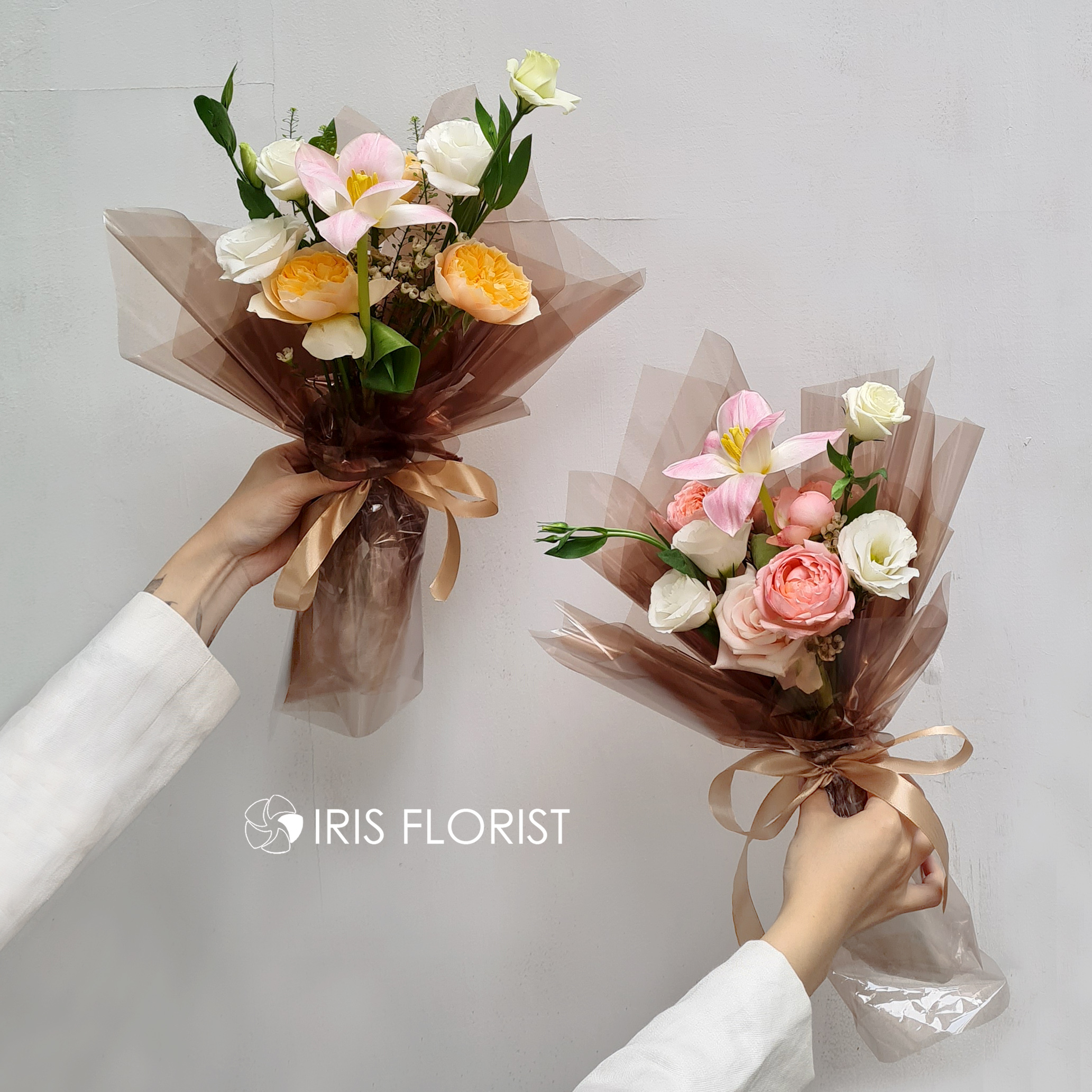 Bó hoa bóng kính nâu - Size S - Tone Cam/ Hồng (mix tulip)