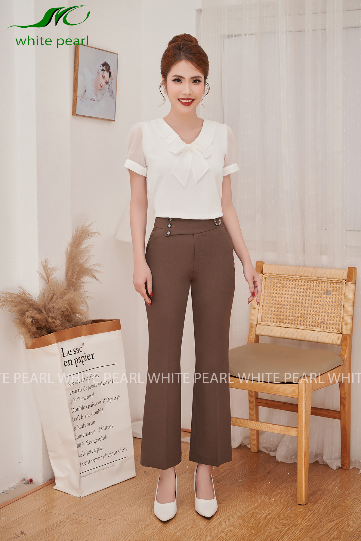 Áo cổ buộc nơ xếp 2 ly A2407 thời trang công sở cao cấp White pearl_thumbnail_9