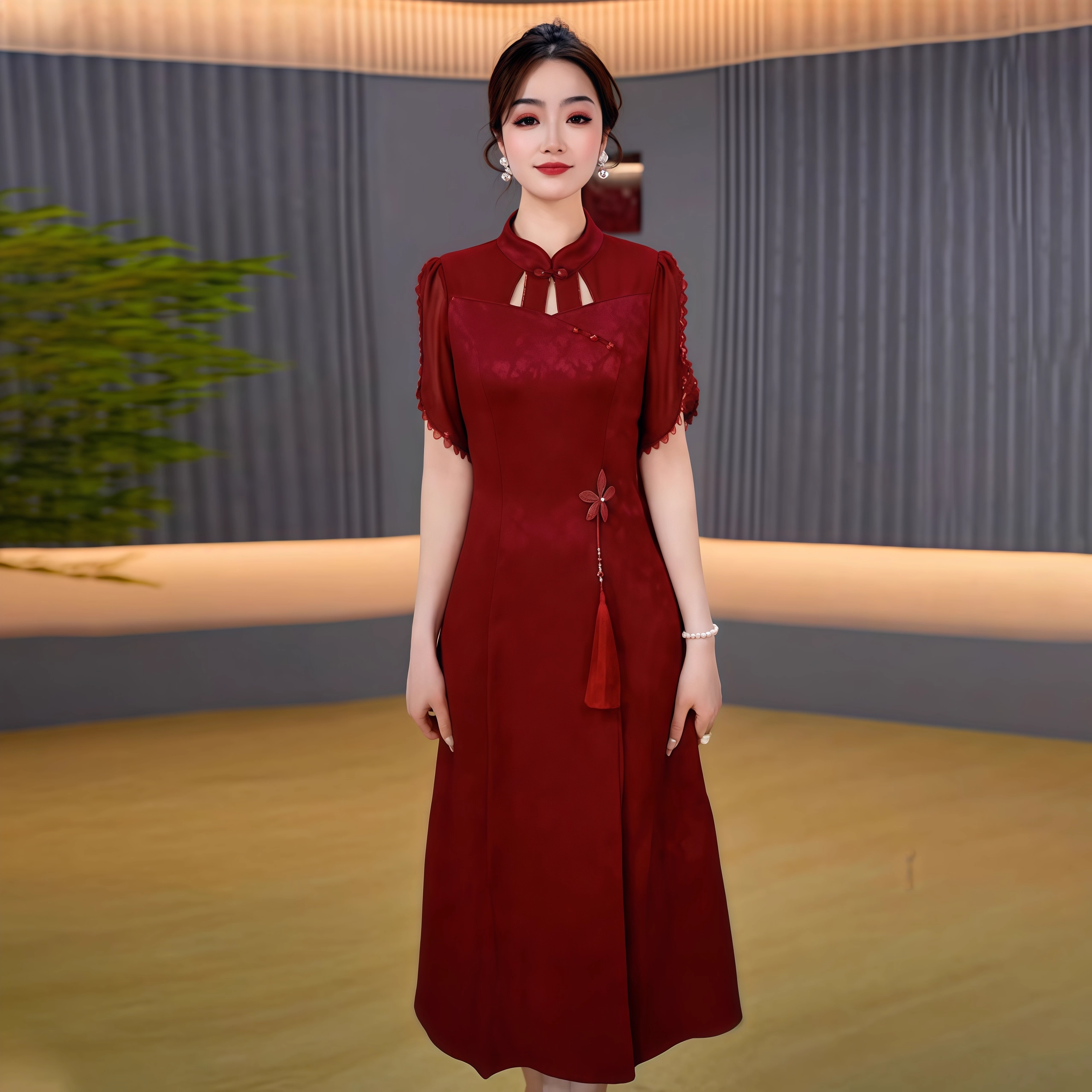 17772-Đầm suông  lụa đỏ cổ tàu kết nút viền ren ( lụa )