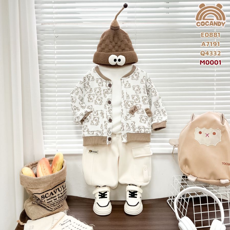 Áo cardigan BE họa tiết gấu nâu nhạt