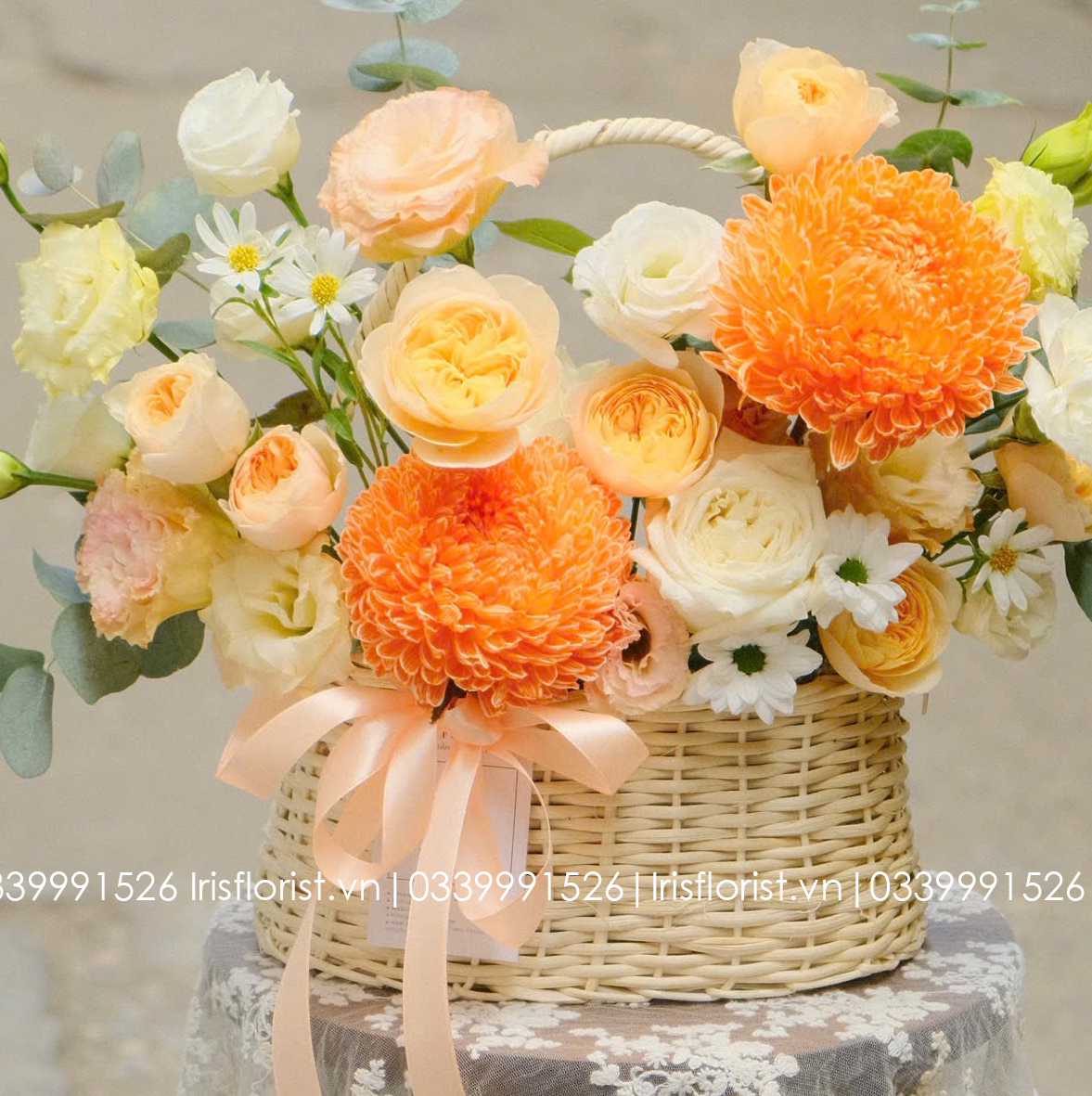Giỏ hoa mây Cúc mẫu đơn mix tone Cam - size M